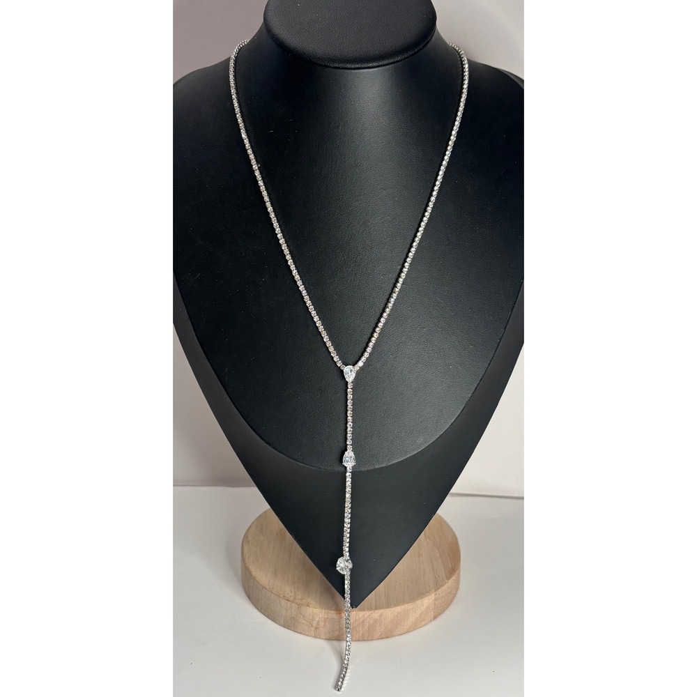 Vintage Y2K Rhinestone Lariat Necklace Silver Tone Tennis Pear Cut 20.5"